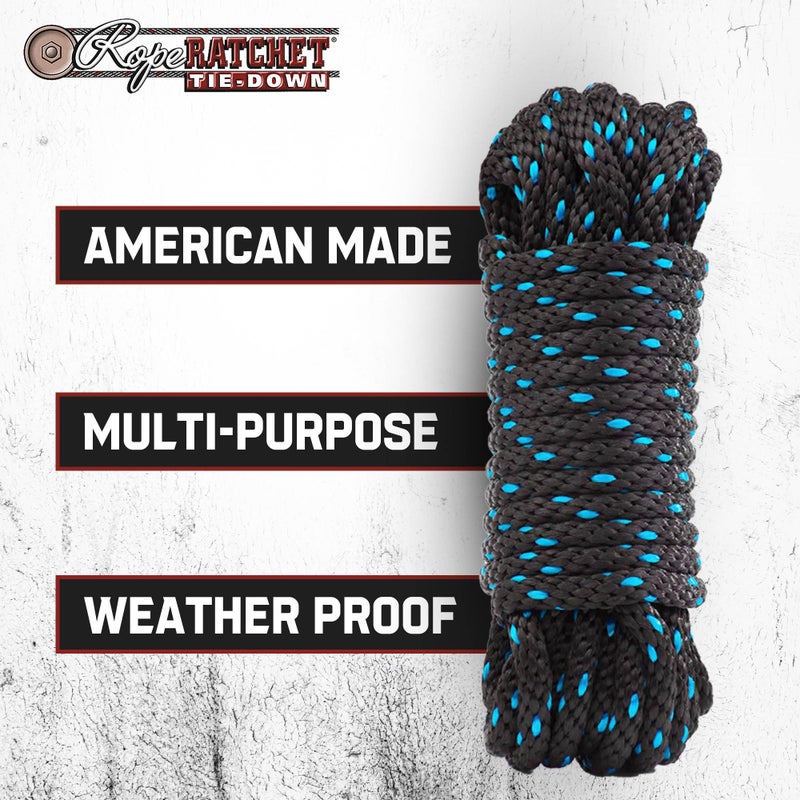 Rope Ratchet 3/8" 50 ft Braided Polypropylene Utility Cord, Weather Resistant Indoor Outdoor for Gardening, DIY Projects, Securing Loads, Binding, Knot Tying, Tarp Use, 250 lb Capacity - Black/Blue - Image 3